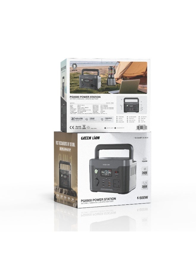 جرين ليون محطة طاقة محمولة PGX600 / مولد 307.2 وات في الساعة 96000 مللي أمبير في الساعة 600 وات (LiFePO4) / مخرج لاسلكي 10 وات / إجمالي المخرجات 910 وات كحد أقصى / منفذ USB Type-C PD 65 وات / مدخل طاقة شمسية 240 وات / مدخل تيار متردد 300 وات - أسود - Image 3