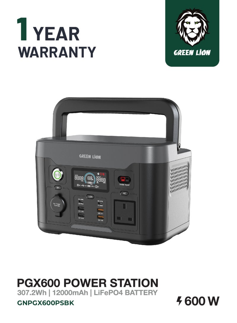جرين ليون محطة طاقة محمولة PGX600 / مولد 307.2 وات في الساعة 96000 مللي أمبير في الساعة 600 وات (LiFePO4) / مخرج لاسلكي 10 وات / إجمالي المخرجات 910 وات كحد أقصى / منفذ USB Type-C PD 65 وات / مدخل طاقة شمسية 240 وات / مدخل تيار متردد 300 وات - أسود - Image 1