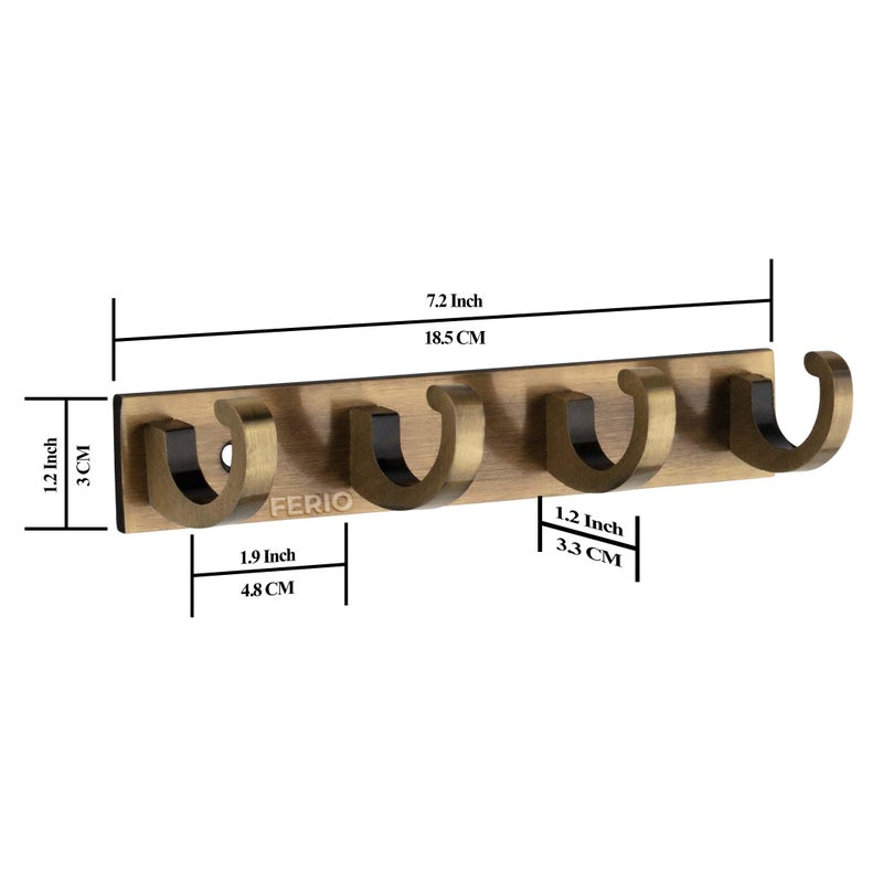 FERIO Aluminium 4 Pin Hook Cloth Hanger Door Wall Hooks Rail for Hanging Clothes, Bathroom Cloth Hook Hanger Door Wall Bathroom Robe Hooks (Pack of 2, Brass Antique) - Image 2