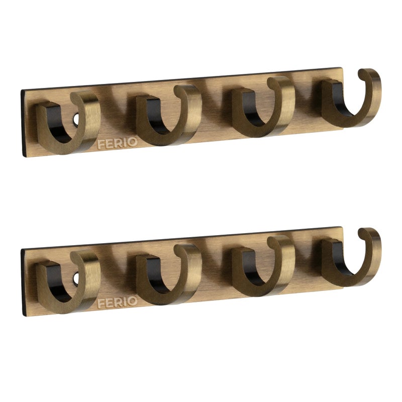 FERIO Aluminium 4 Pin Hook Cloth Hanger Door Wall Hooks Rail for Hanging Clothes, Bathroom Cloth Hook Hanger Door Wall Bathroom Robe Hooks (Pack of 2, Brass Antique) - Image 1