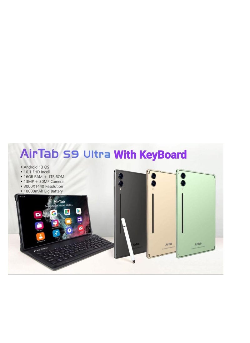 AirTab - 10.1 -Inch Smart Tablet S9 ULTRA Android 13 Tablet With 1TB Storage and 16GB RAM Quad Core Wi-Fi LTE Dual Sim with Touch Pen and Keyboard - GREEN - Image 1