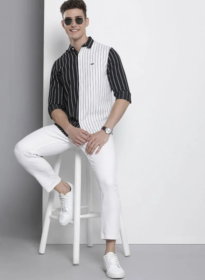 شركة المرآب الهندية Men Slim Fit Striped Full Sleeves Cutaway Collar Casual Shirt