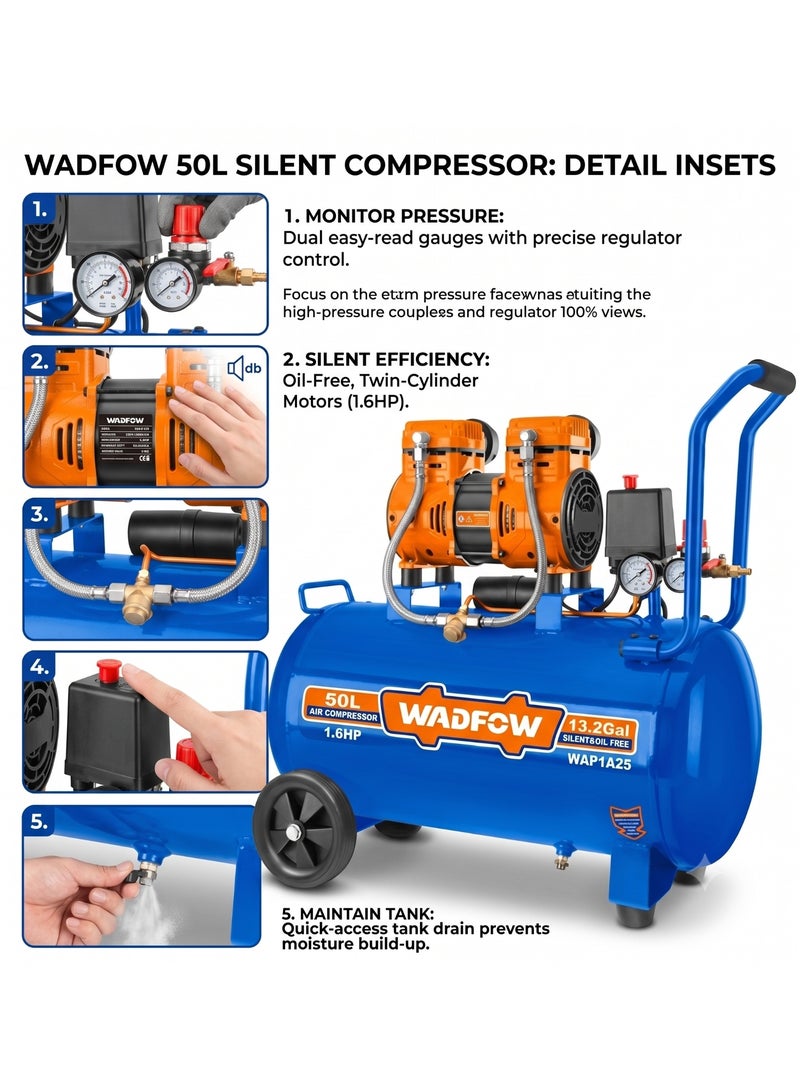 WADFOW 1200W Oil Free Air Compressor 50L – WAP1A25 Quiet 75dB Portable Air Compressor, 1.6HP Power 8Bar Max Pressure Corded Electric Pump with Aluminium Wire Motor for Pneumatic Tools and Spray Painting - Image 2