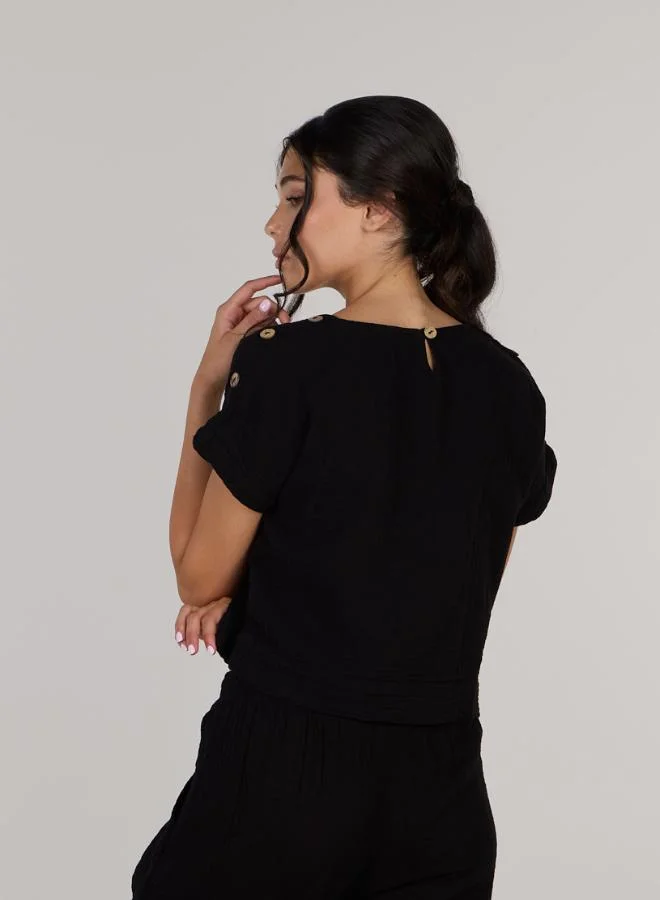 Just Nature Jenny Shoulder Top with Half-button Placket