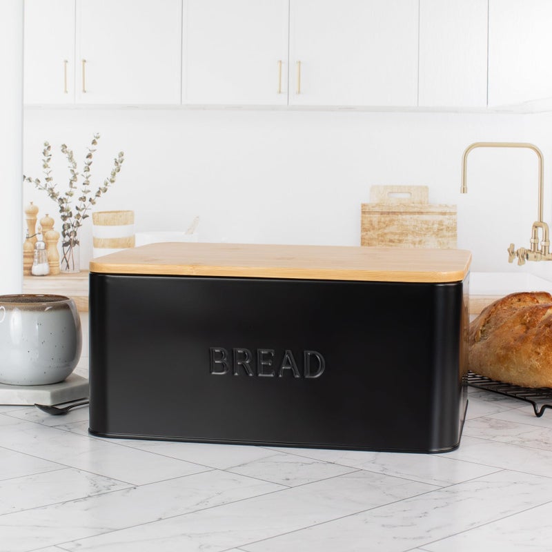 ZICOTO Beautiful Bread Box With Wooden Lid For Your Kitchen Countertop - Spacious Container Perfectly Stores Your Homemade Bread, English Muffins & Bagels - Quality Cutting Board Lid Keeps Loaf Fresh - Image 1