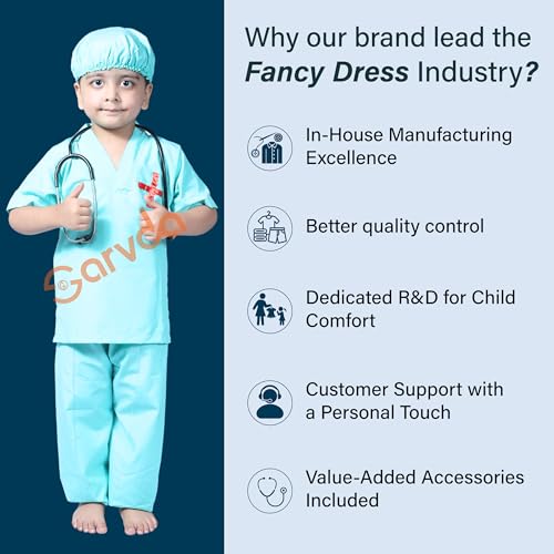 Sarvda Cotton Kids Doctor & Surgeon Costume Set | White Lab Coat, Surgeon Top & Pants, Cap & Working Stethoscope | Community?Helper Fancy Dress For Boys & Girls | School Plays - Image 4