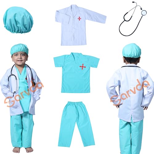 Sarvda Cotton Kids Doctor & Surgeon Costume Set | White Lab Coat, Surgeon Top & Pants, Cap & Working Stethoscope | Community?Helper Fancy Dress For Boys & Girls | School Plays - Image 1