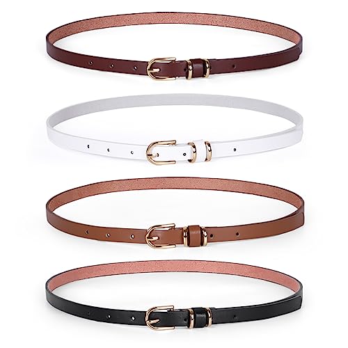JASGOOD Set of 4 Women Skinny Leather Belt Solid Color Thin Waist Belt for Jeans Blouse (Black,Brown,Coffee,White,Best for Waist Size 30-36 Inch) - Image 1