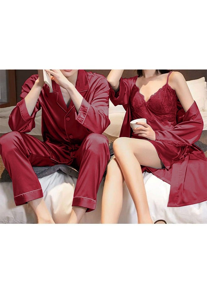 MARGOUN Summer Ice Silk XL Men Pajamas Large Women Lace Trim Robe Sets Home Service Suit Casual Couples Sleepwear Nightwear Maroon - Image 3