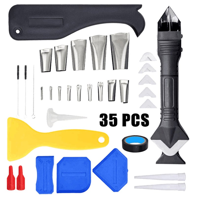 35 PCS Caulking Nozzle Applicator Finishing Tool with Nozzles and Tape Caulk Remover Tool Kit 3 in 1 Metal Scraper with 6 Silicone Pads Grout Angle Scrapers for Kitchen Bathroom Door Window Sink Tile - Image 1