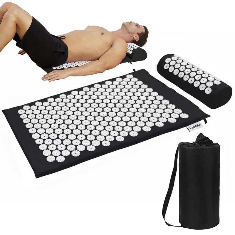 XiaoMaGe Acupressure Mat and Pillow Set with Bag - Large Size 28.7 X 16.5 inch Acupuncture Mat for Neck & Back Pain, Muscle Relaxation Stress Relief, Sciatica Pain Relief Pillow (Black) - Image 1