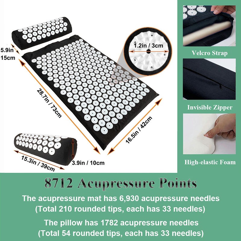 XiaoMaGe Acupressure Mat and Pillow Set with Bag - Large Size 28.7 X 16.5 inch Acupuncture Mat for Neck & Back Pain, Muscle Relaxation Stress Relief, Sciatica Pain Relief Pillow (Black) - Image 2