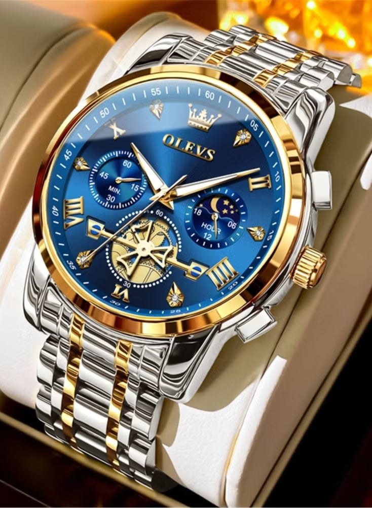 OLEVS Watches for Men Fashion Stainless Steel Quartz Chronograph Water Resistant Watch 42mm 2856 Business Gold Blue Quartz Watches - Image 1
