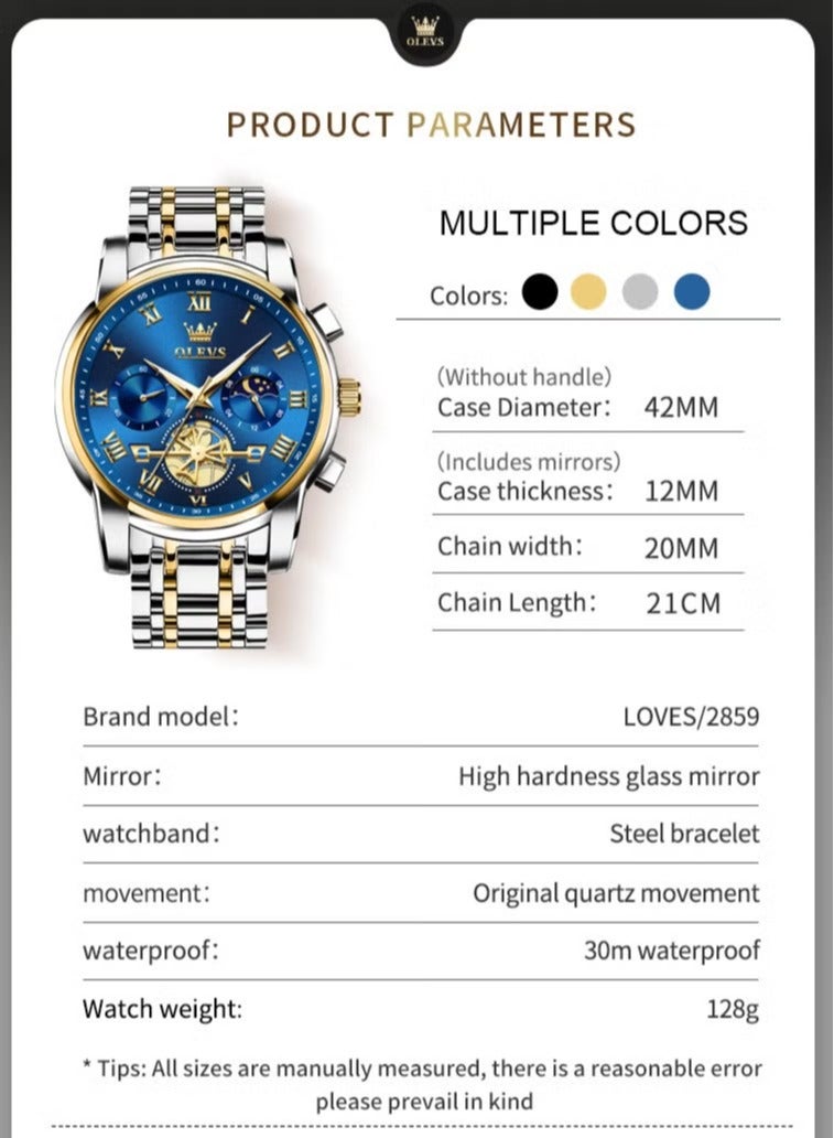 OLEVS Watches for Men Fashion Stainless Steel Quartz Chronograph Water Resistant Watch 42mm 2856 Business Gold Blue Quartz Watches - Image 2