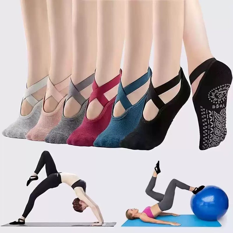 Non Slip Yoga Socks with Cross Straps, Breathable Cotton Grip Socks for Women, Summer Casual - Image 2