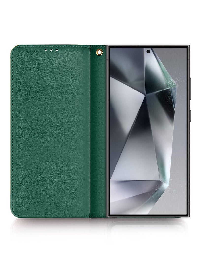 Lishen PU Leather Kick Stand Case Cover For Samsung Galaxy S24 Ultra 5G 2024 Dark Green - Image 1