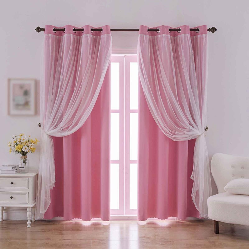 indistar Home Blackout Curtains Double Layer Solid Sheer Grommet Top Window Curtain Panel Pair, 52Wx63L,Pink - Image 1