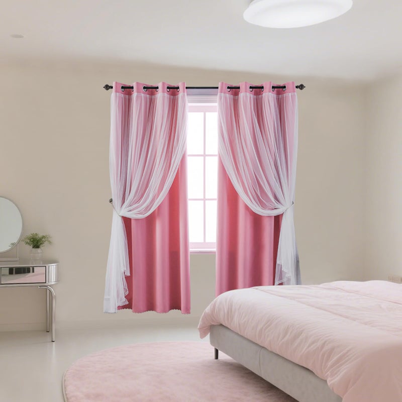 indistar Home Blackout Curtains Double Layer Solid Sheer Grommet Top Window Curtain Panel Pair, 52Wx63L,Pink - Image 5