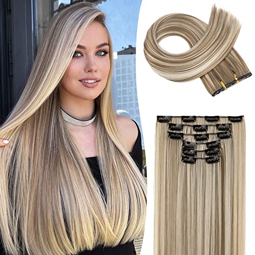 LONAI Clip in hair extensions 6PCS Straight 24" Hair Extensions for Womenï¼ŒHeat Resistant Synthetic Hairpiece-Ash Brown with Blonde Highlights - Image 1