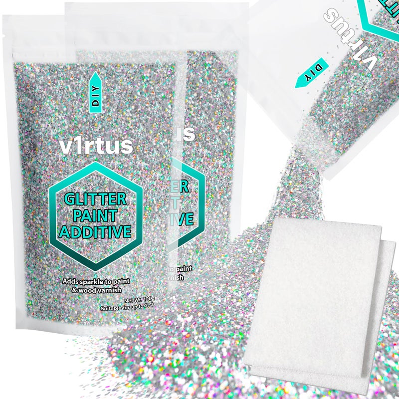 v1rtus Holographic Silver Glitter Paint Additive 200g 7oz with 2 x Buffing Pads Sparkle Glitter for Wall Paint Interior Exterior Paint Additive