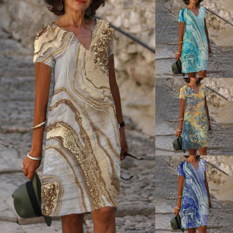 Fashion Print V-Neck Short Sleeve Dress