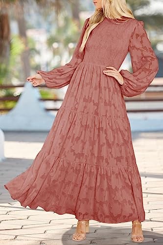 MITILLY Women's Elegant Floral Long Sleeve Round Neck Smocked A-Line Flowy Tiered Maxi Dress with Pockets X-Large Bean Paste Red - Image 2