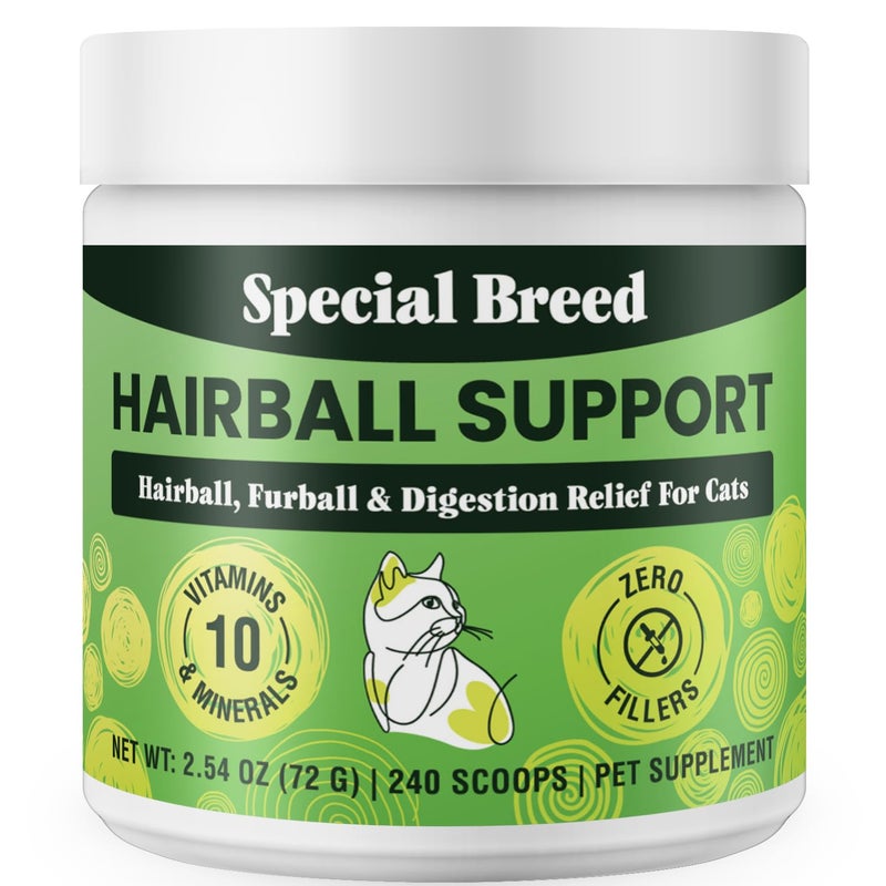 Special Breed Hairball Support for Cats - 10 Super Ingredients for Furball Treatment Relief, Hairball Remedy, Digestive Support & Healthy Skin - No Fillers - Psyllium, Pumpkin, Omega-3s & More - 240 Scoops - Image 1