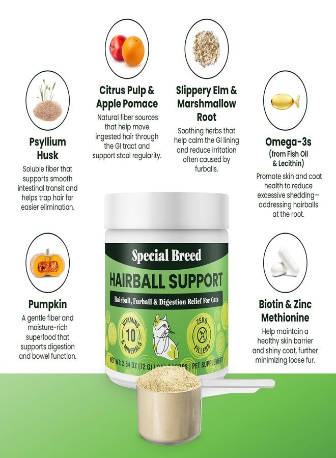 Special Breed Hairball Support for Cats - 10 Super Ingredients for Furball Treatment Relief, Hairball Remedy, Digestive Support & Healthy Skin - No Fillers - Psyllium, Pumpkin, Omega-3s & More - 240 Scoops - Image 2