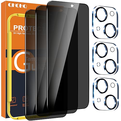 QHOHQ 3 Pack Privacy Screen Protector for iPhone 15 [6.1 Inch] with 3 Pack Camera Lens Protector, Anti Spy Tempered Glass Film, 9H Hardness, HD, Bubble Free, Case Friendly - Black - Image 1