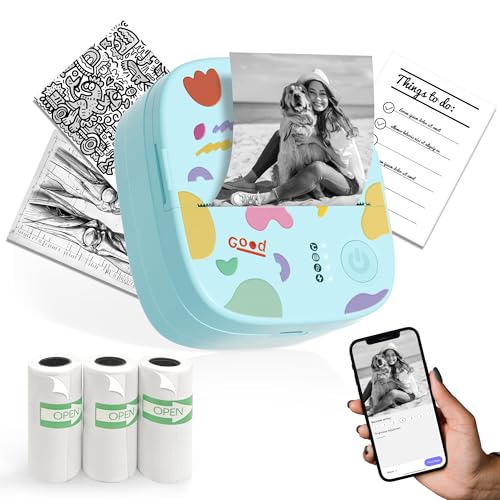XenGro Mini Sticker Printer AHM2 Mini Thermal Printer with 3 Rolls Paper Portable Bluetooth Inkless Printpods Pocket Label Maker Suitable for Creative Kids DIY Diaries Photos Study Notes Blue - Image 1