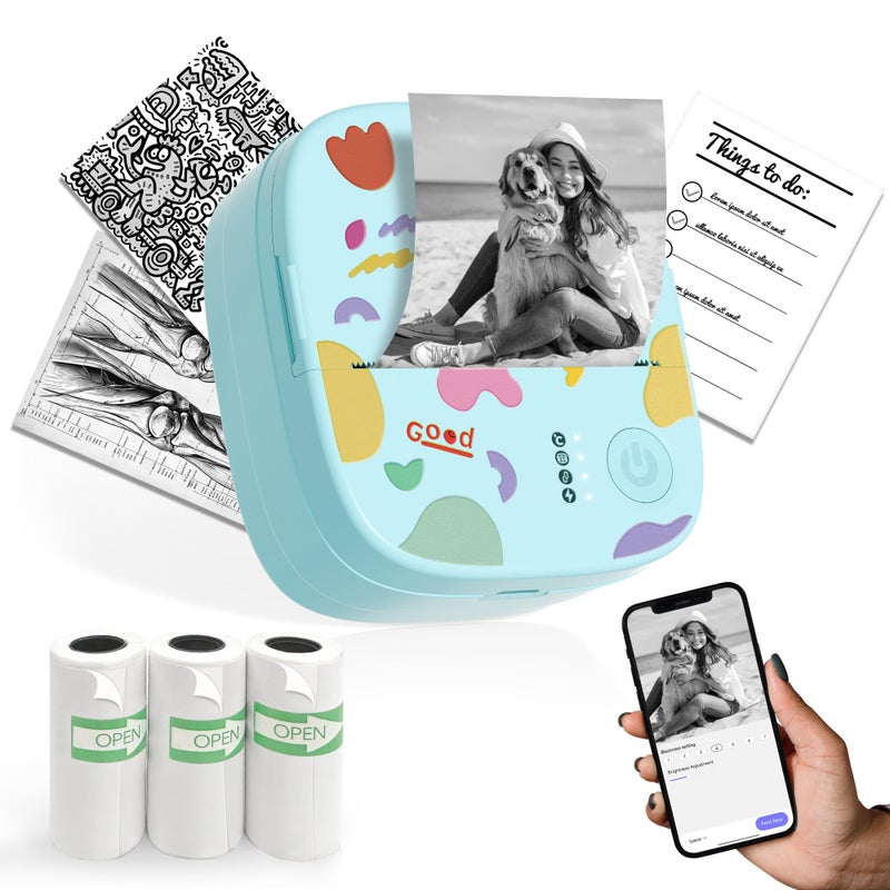 XenGro Mini Sticker Printer AHM2 Mini Thermal Printer with 3 Rolls Paper Portable Bluetooth Inkless Printpods Pocket Label Maker Suitable for Creative Kids DIY Diaries Photos Study Notes Blue - Image 2