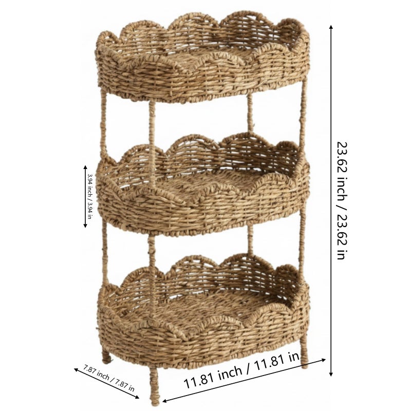 AceOrbit 3 Tier Floor Stand Scalloped Basket Stand 3 Tier Oval Seagrass Scalloped Storage Basket Floor Rack with Market Baskets Hand Woven Laundry Rack for Bathroom Kitchen Laundry Living Room Storage - Image 2