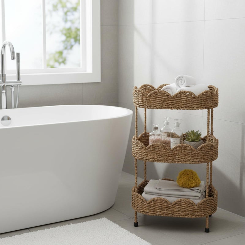 AceOrbit 3 Tier Floor Stand Scalloped Basket Stand 3 Tier Oval Seagrass Scalloped Storage Basket Floor Rack with Market Baskets Hand Woven Laundry Rack for Bathroom Kitchen Laundry Living Room Storage - Image 4