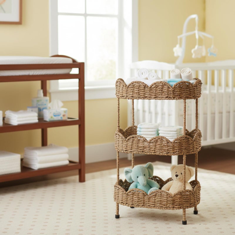 AceOrbit 3 Tier Floor Stand Scalloped Basket Stand 3 Tier Oval Seagrass Scalloped Storage Basket Floor Rack with Market Baskets Hand Woven Laundry Rack for Bathroom Kitchen Laundry Living Room Storage - Image 5