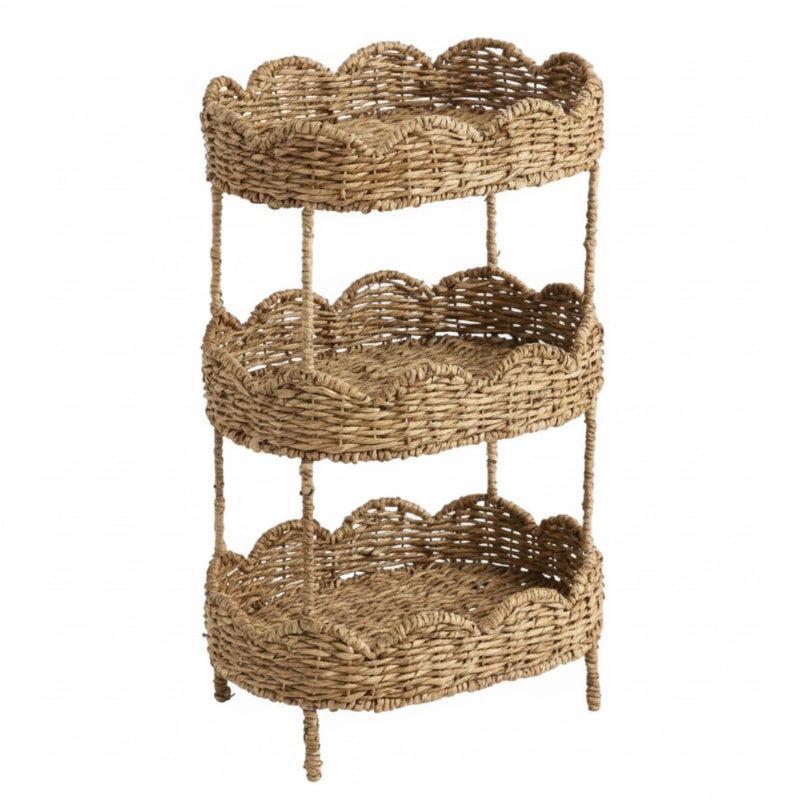 AceOrbit 3 Tier Floor Stand Scalloped Basket Stand 3 Tier Oval Seagrass Scalloped Storage Basket Floor Rack with Market Baskets Hand Woven Laundry Rack for Bathroom Kitchen Laundry Living Room Storage - Image 1