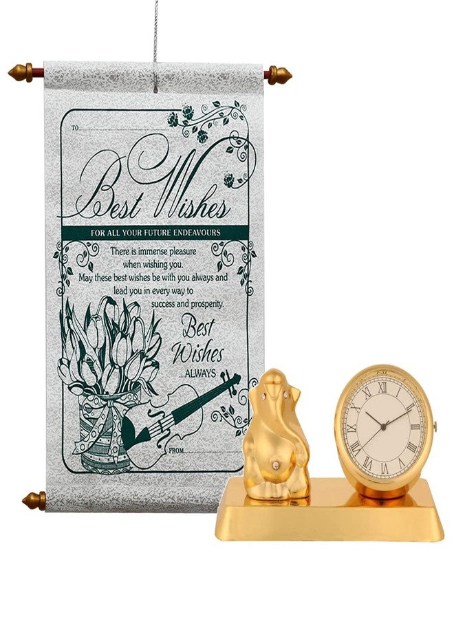 Saugat Traders Best Wishes Gift for Office Employees - Best Wishes Scroll Card Ganesh Idol with Clock Showpiece and - All The Best - Good Luck Gifts - Image 1