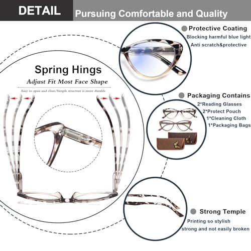 EYEURL Cat Eye Reading Glasses for Women 2 Pair Blue Light Blocking Readers 2.50 Comfort Spring Hinge Lightweight Eyeglasses Anti Glare for Ladies - Image 4