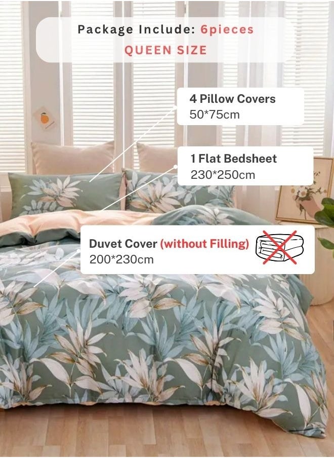 Queen size 6 piece bedding set with green leaf pattern, very soft quality.