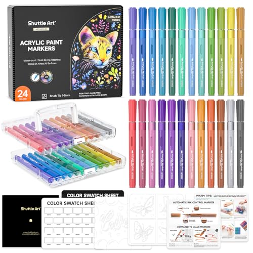 Shuttle Art Markers طلاء أكريليك مع تحكم تلقائي في الحبر، Shuttle Art 24 لون معدني مع طرف فرشاة لطلاء الصخور، السيراميك، الخشب، القماش، الزجاج، الحجر، القماش، صناعة البطاقات، DIY واللوازم الفنية - Image 1