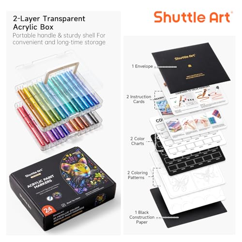 Shuttle Art Markers طلاء أكريليك مع تحكم تلقائي في الحبر، Shuttle Art 24 لون معدني مع طرف فرشاة لطلاء الصخور، السيراميك، الخشب، القماش، الزجاج، الحجر، القماش، صناعة البطاقات، DIY واللوازم الفنية - Image 3