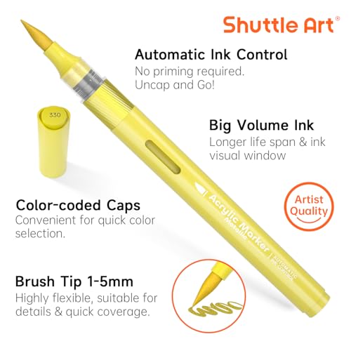 Shuttle Art Markers طلاء أكريليك مع تحكم تلقائي في الحبر، Shuttle Art 24 لون معدني مع طرف فرشاة لطلاء الصخور، السيراميك، الخشب، القماش، الزجاج، الحجر، القماش، صناعة البطاقات، DIY واللوازم الفنية - Image 4