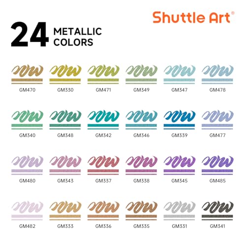 Shuttle Art Markers طلاء أكريليك مع تحكم تلقائي في الحبر، Shuttle Art 24 لون معدني مع طرف فرشاة لطلاء الصخور، السيراميك، الخشب، القماش، الزجاج، الحجر، القماش، صناعة البطاقات، DIY واللوازم الفنية - Image 2