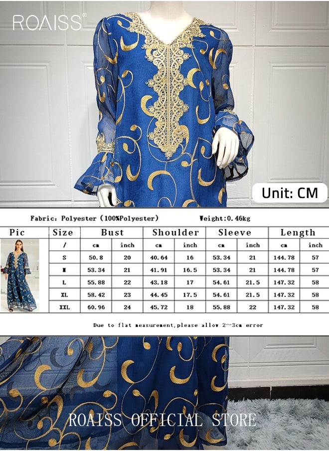 roaiss - Ramadan Women Muslim Dress Sequin Blue Mesh Embroidery Evening Party Gown Bell Sleeve Long Dresses Party Robe Women Embroidery Dresses - Image 1
