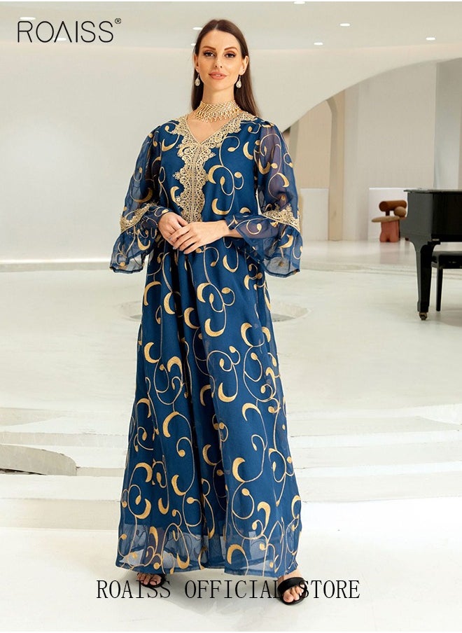 roaiss - Ramadan Women Muslim Dress Sequin Blue Mesh Embroidery Evening Party Gown Bell Sleeve Long Dresses Party Robe Women Embroidery Dresses - Image 1
