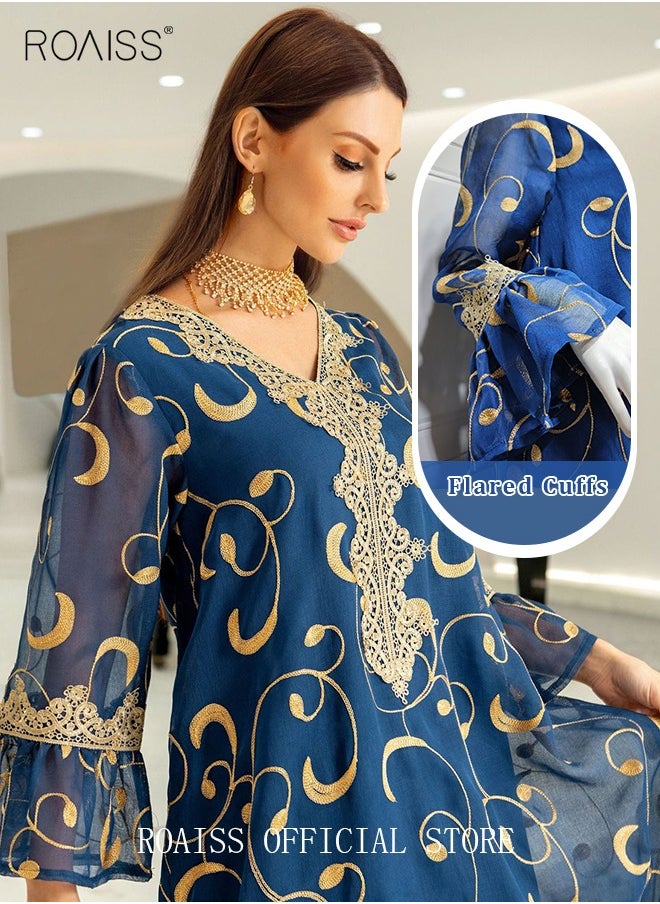 roaiss - Ramadan Women Muslim Dress Sequin Blue Mesh Embroidery Evening Party Gown Bell Sleeve Long Dresses Party Robe Women Embroidery Dresses - Image 1
