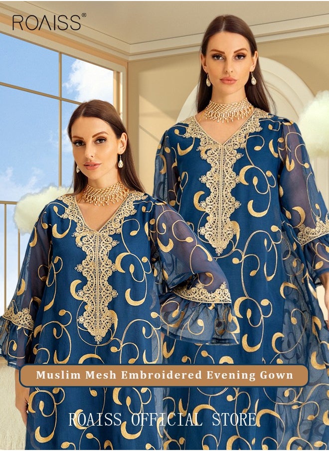 roaiss - Ramadan Women Muslim Dress Sequin Blue Mesh Embroidery Evening Party Gown Bell Sleeve Long Dresses Party Robe Women Embroidery Dresses - Image 1