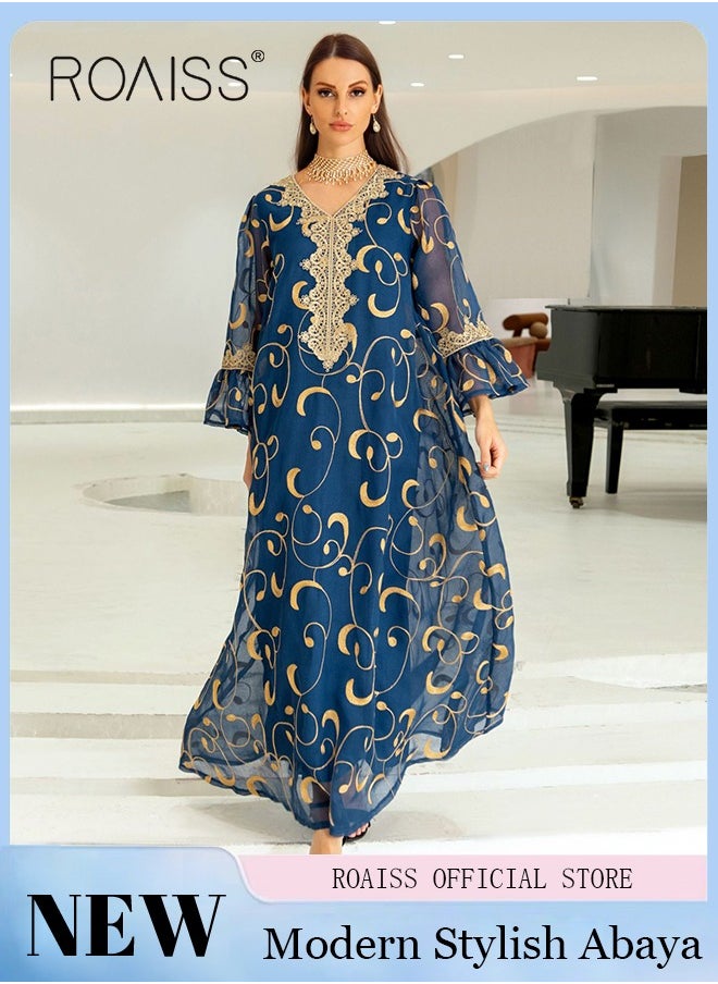 roaiss - Ramadan Women Muslim Dress Sequin Blue Mesh Embroidery Evening Party Gown Bell Sleeve Long Dresses Party Robe Women Embroidery Dresses - Image 1