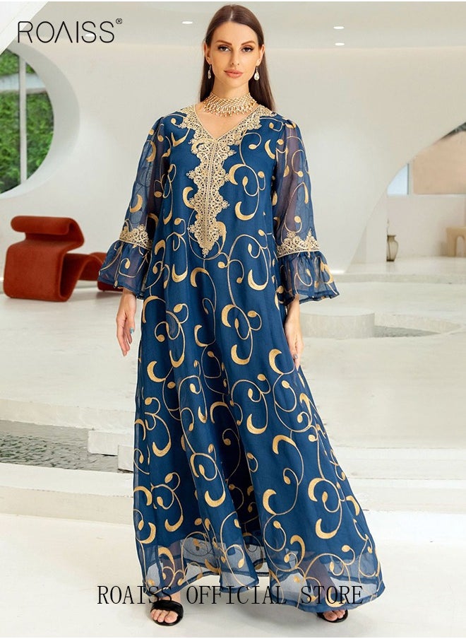 roaiss - Ramadan Women Muslim Dress Sequin Blue Mesh Embroidery Evening Party Gown Bell Sleeve Long Dresses Party Robe Women Embroidery Dresses - Image 1