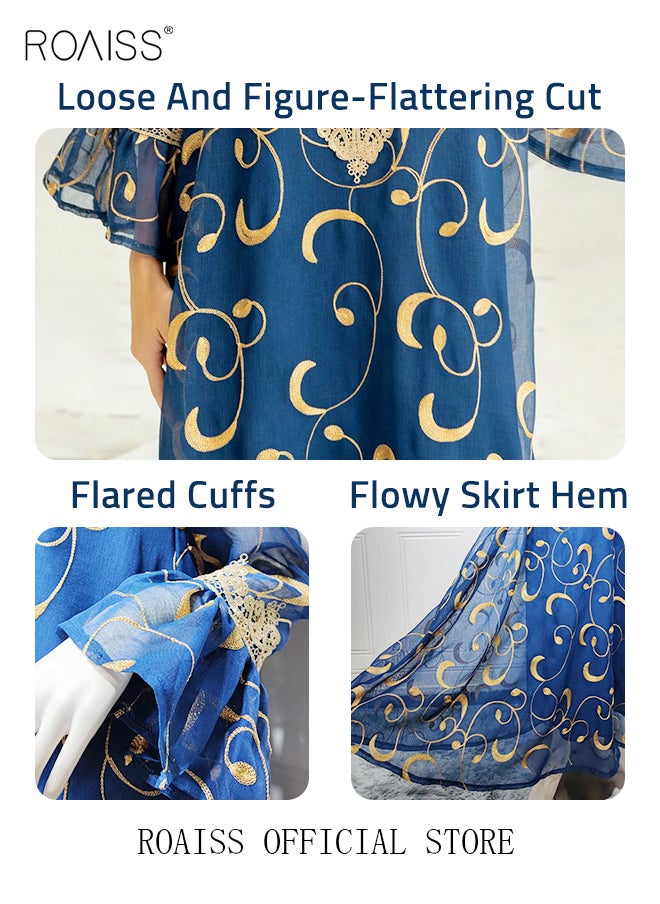 roaiss - Ramadan Women Muslim Dress Sequin Blue Mesh Embroidery Evening Party Gown Bell Sleeve Long Dresses Party Robe Women Embroidery Dresses - Image 1