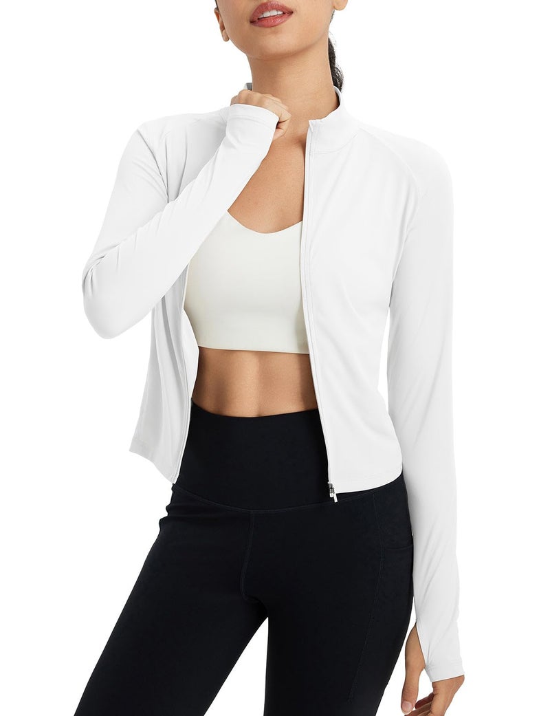 baleaf Womens UPF 50 Sun Crop Shirt with Pockets Full Zip Cooling Quick Dry Long Sleeve Jacket for Golf Hiking Ultra White S - Image 2